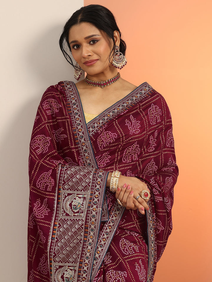 Maroon Printed Silk blend Saree With Unstitched Blouse Piece