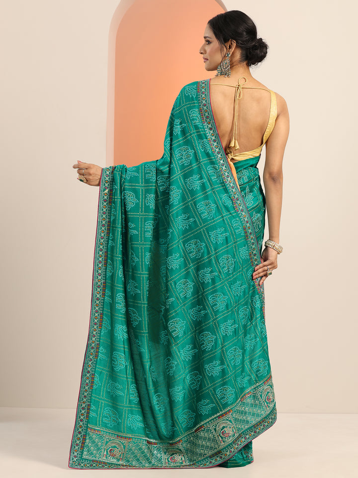Green Printed Bandhani Silk Blend Saree With Unstitched Blouse Piece
