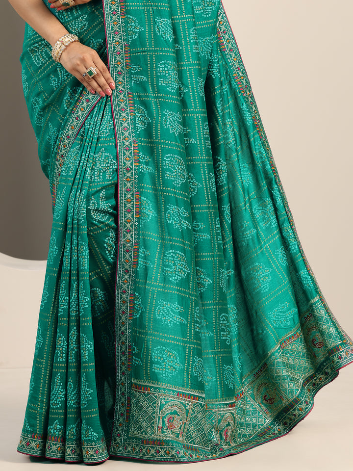 Green Printed Bandhani Silk Blend Saree With Unstitched Blouse Piece