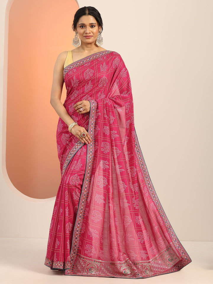 Magenta Printed Silk Blend Saree With Unstitched Blouse Piece