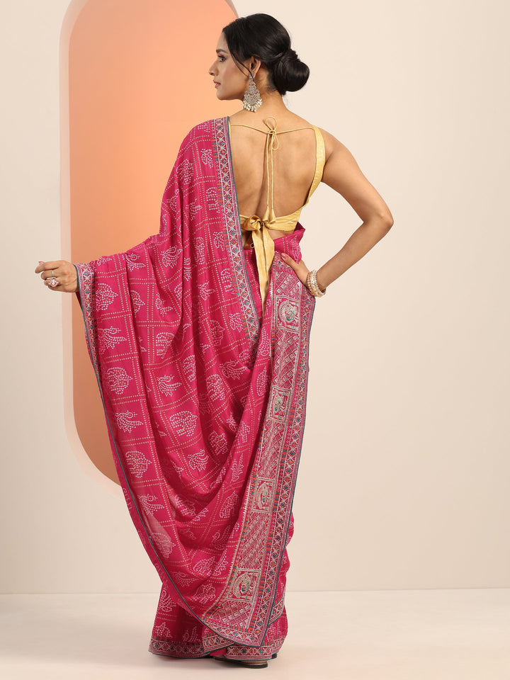 Magenta Printed Silk Blend Saree With Unstitched Blouse Piece