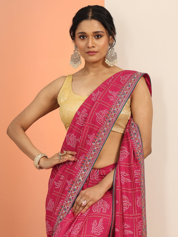 Magenta Printed Silk Blend Saree With Unstitched Blouse Piece