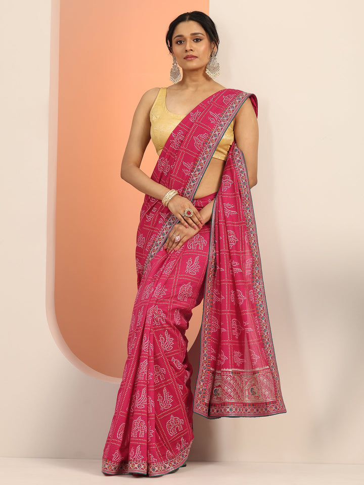 Magenta Printed Silk Blend Saree With Unstitched Blouse Piece