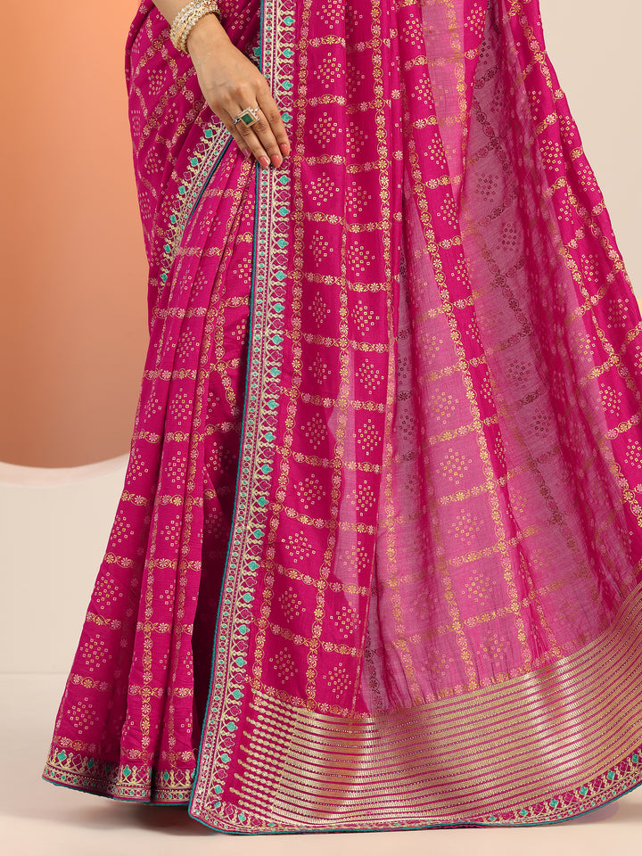 Magenta Printed Silk blend Saree With Unstitched Blouse Piece