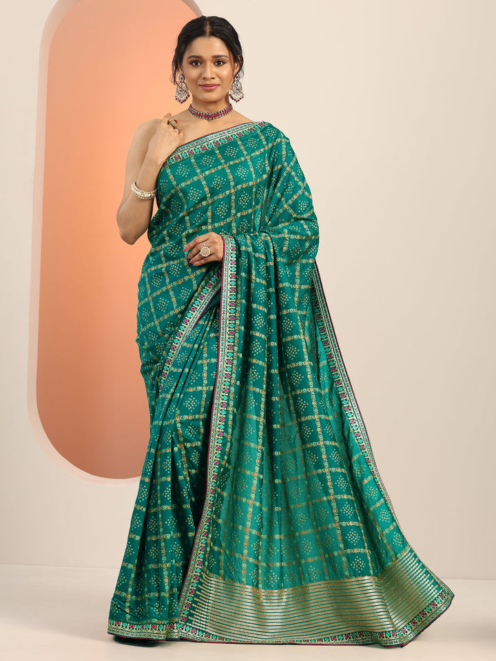 Teal Printed Silk blend Saree With Unstitched Blouse Piece