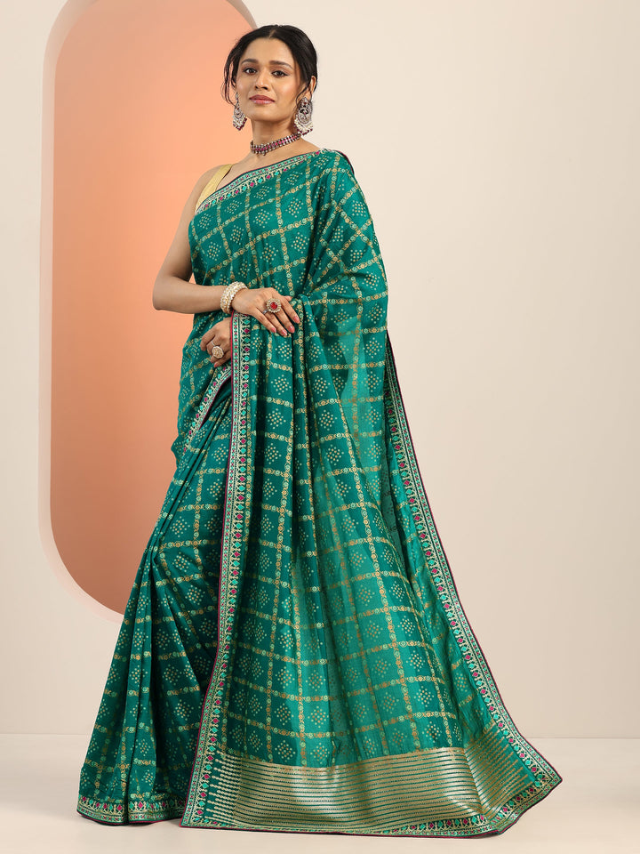 Teal Printed Silk blend Saree With Unstitched Blouse Piece
