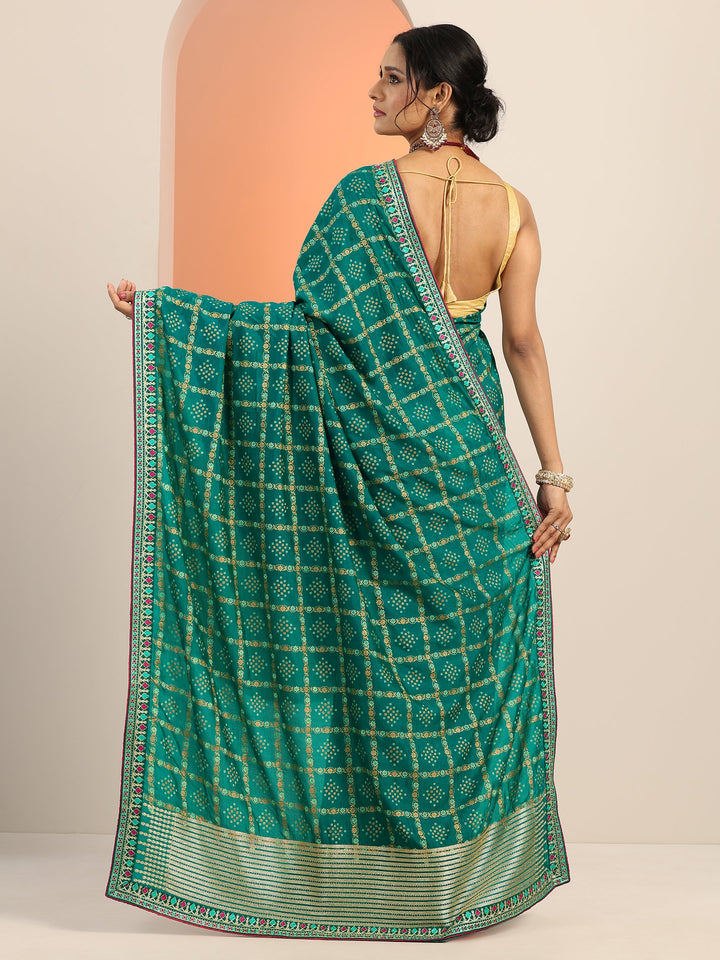 Teal Printed Silk blend Saree With Unstitched Blouse Piece