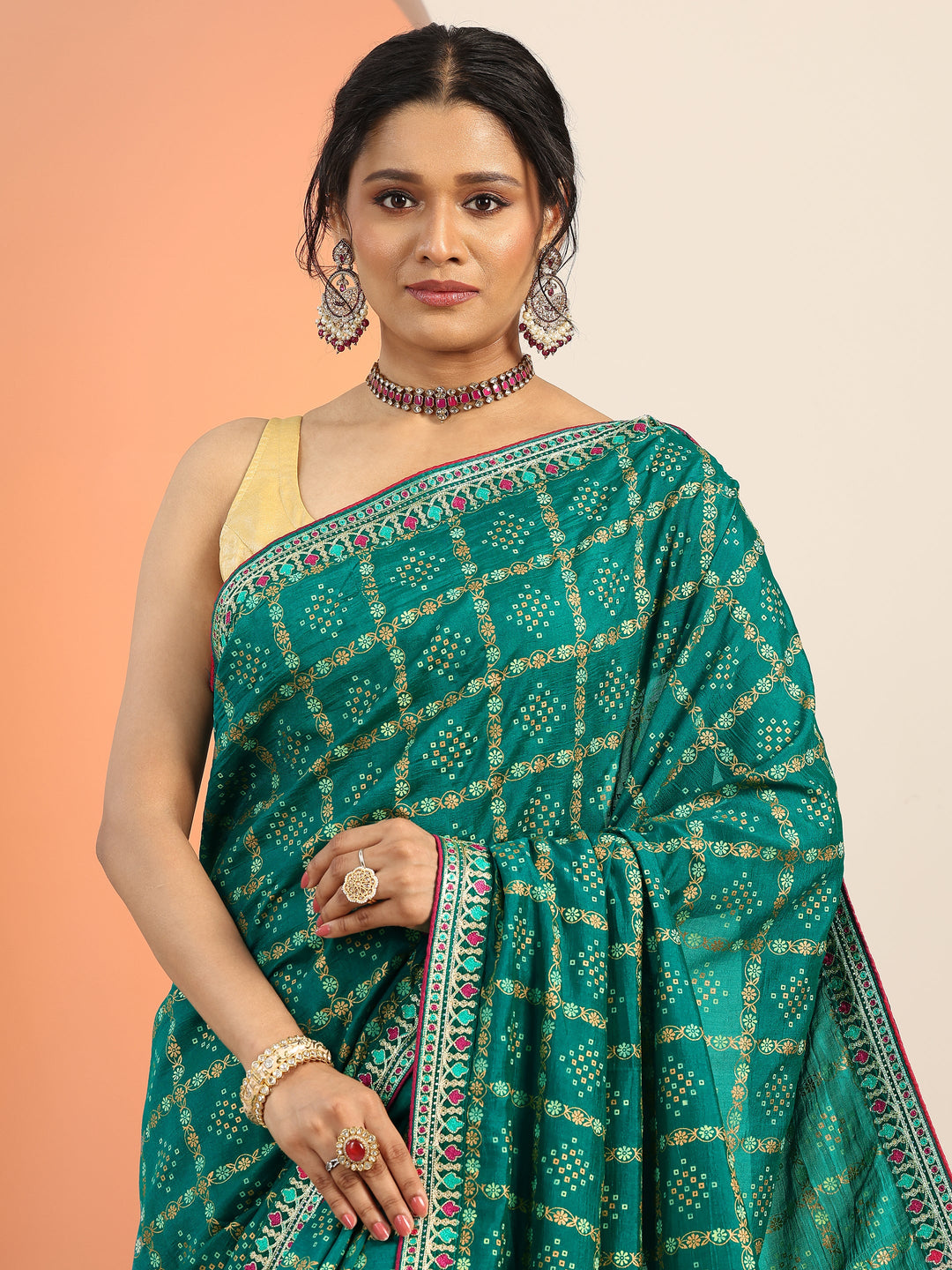 Teal Printed Silk blend Saree With Unstitched Blouse Piece