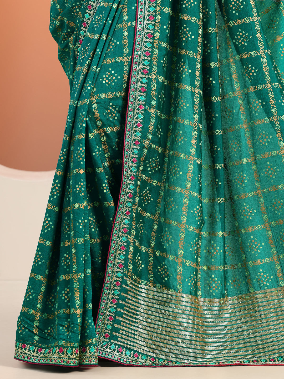 Teal Printed Silk blend Saree With Unstitched Blouse Piece