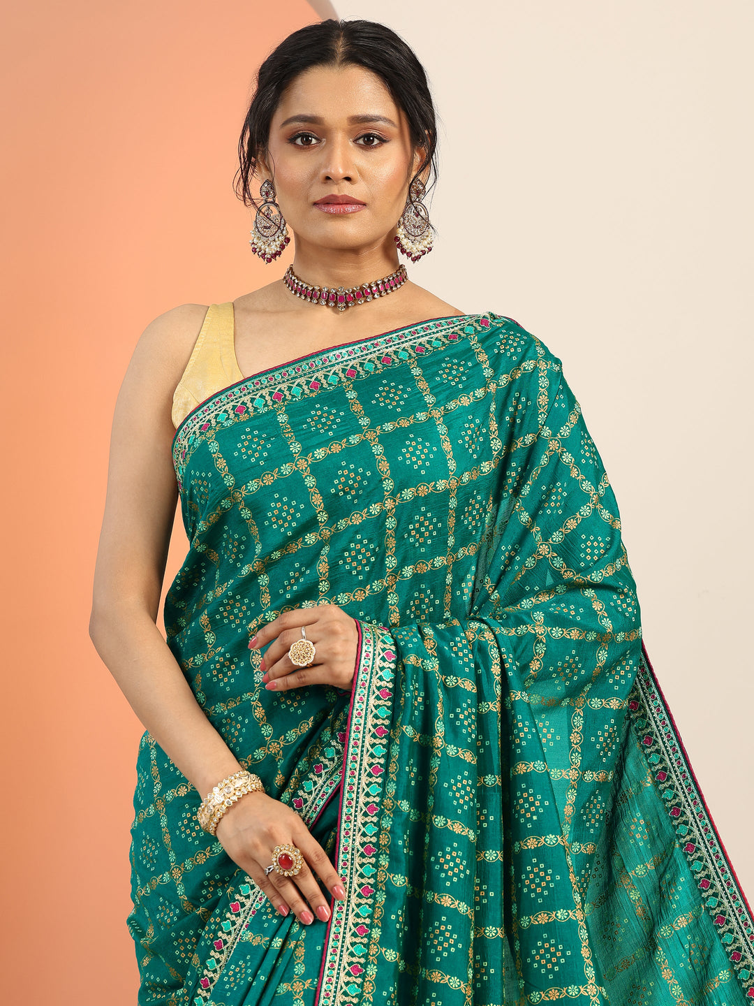 Teal Printed Silk blend Saree With Unstitched Blouse Piece