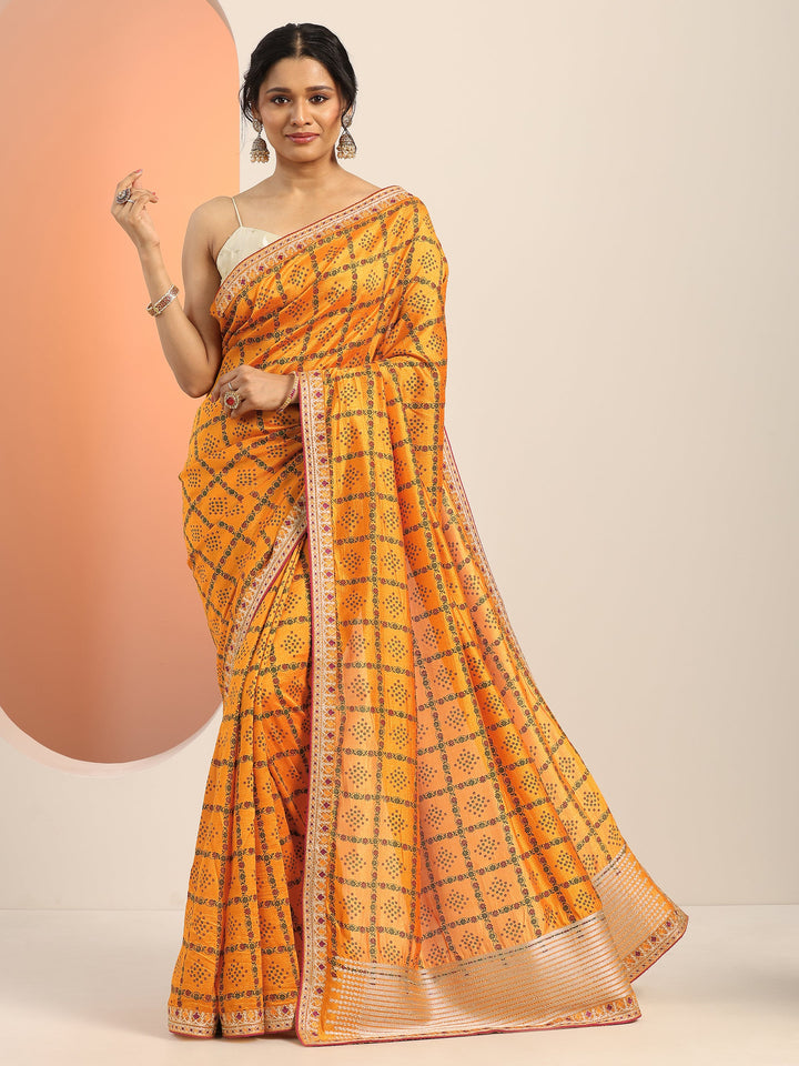 Mustard Printed Silk blend Saree With Unstitched Blouse Piece