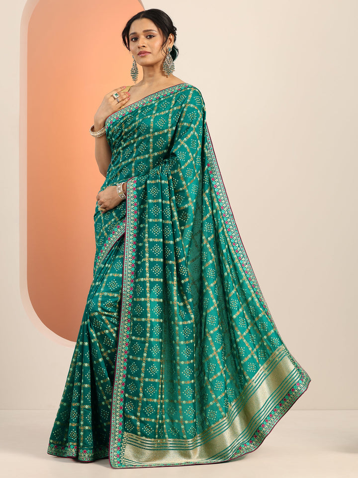 Green Printed Silk blend Saree With Unstitched Blouse Piece