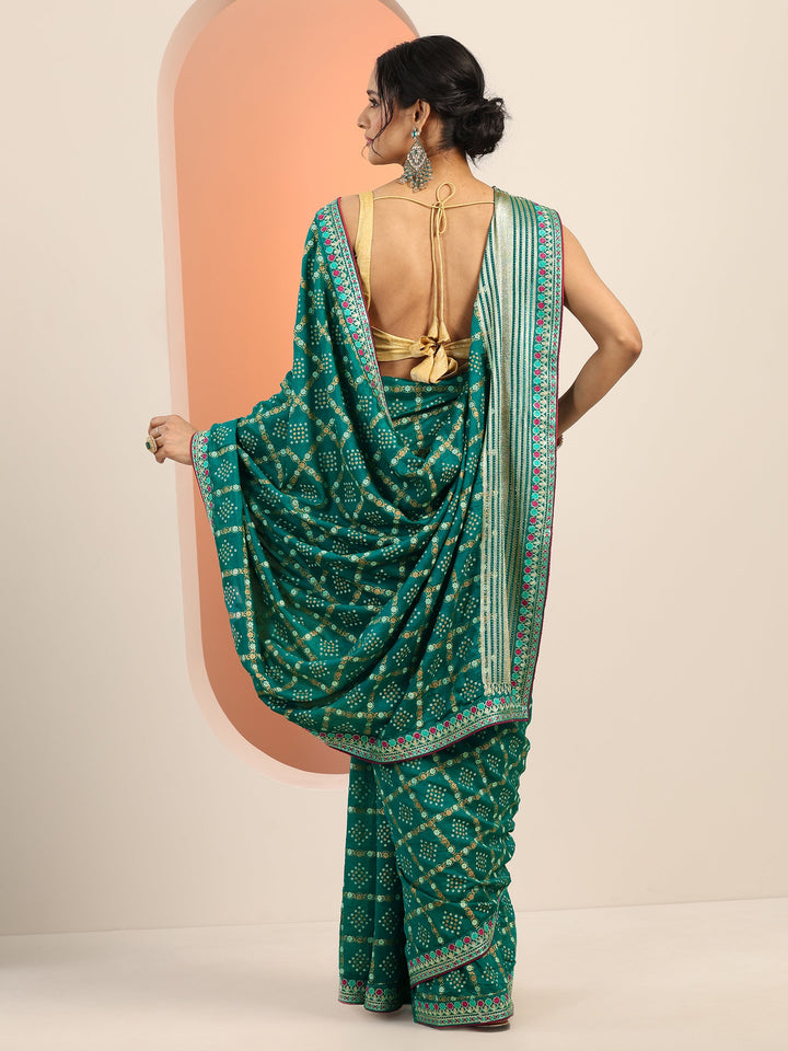 Green Printed Silk blend Saree With Unstitched Blouse Piece