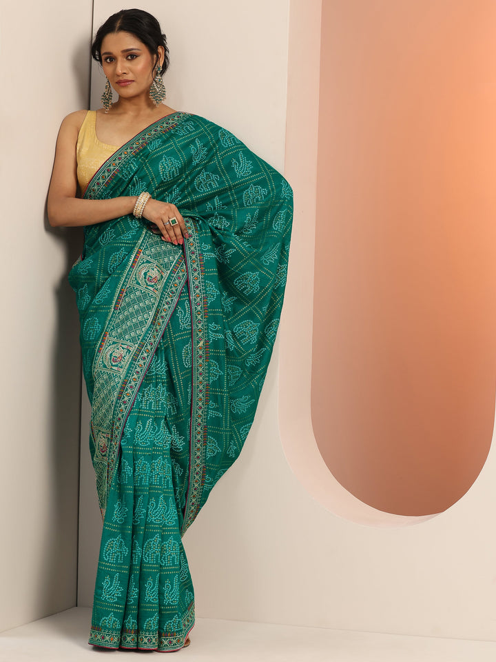 Green Printed Silk blend Saree With Unstitched Blouse Piece
