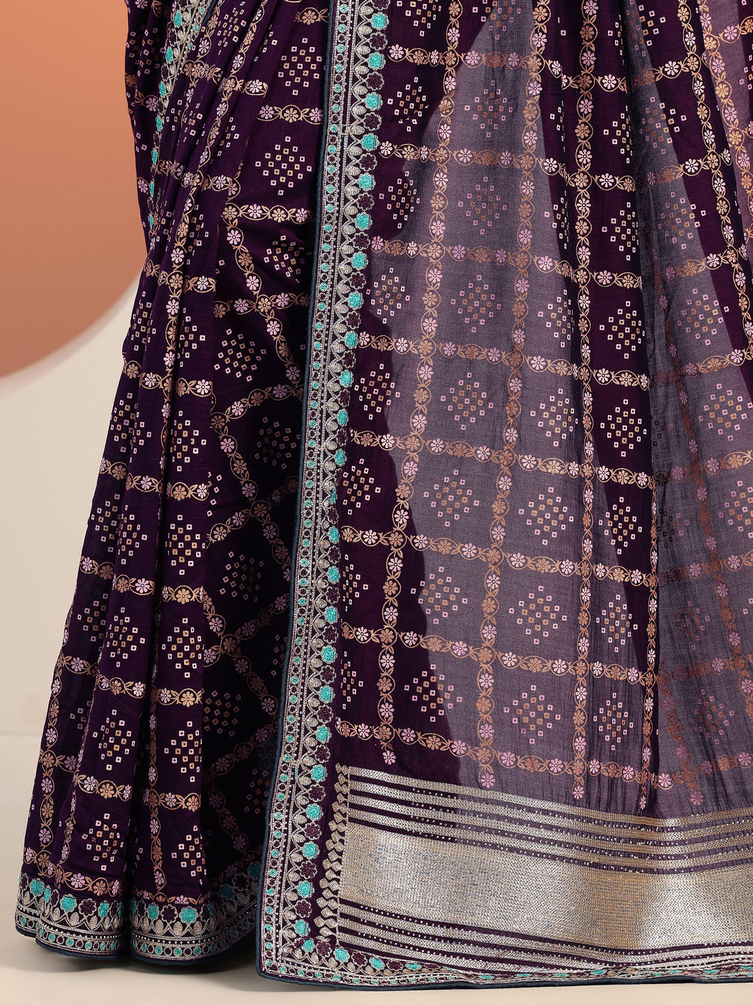 Purple Printed Silk blend Saree With Unstitched Blouse Piece