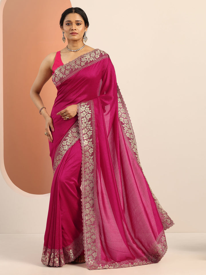 Pink Embellished Silk blend Saree With Unstitched Blouse Piece