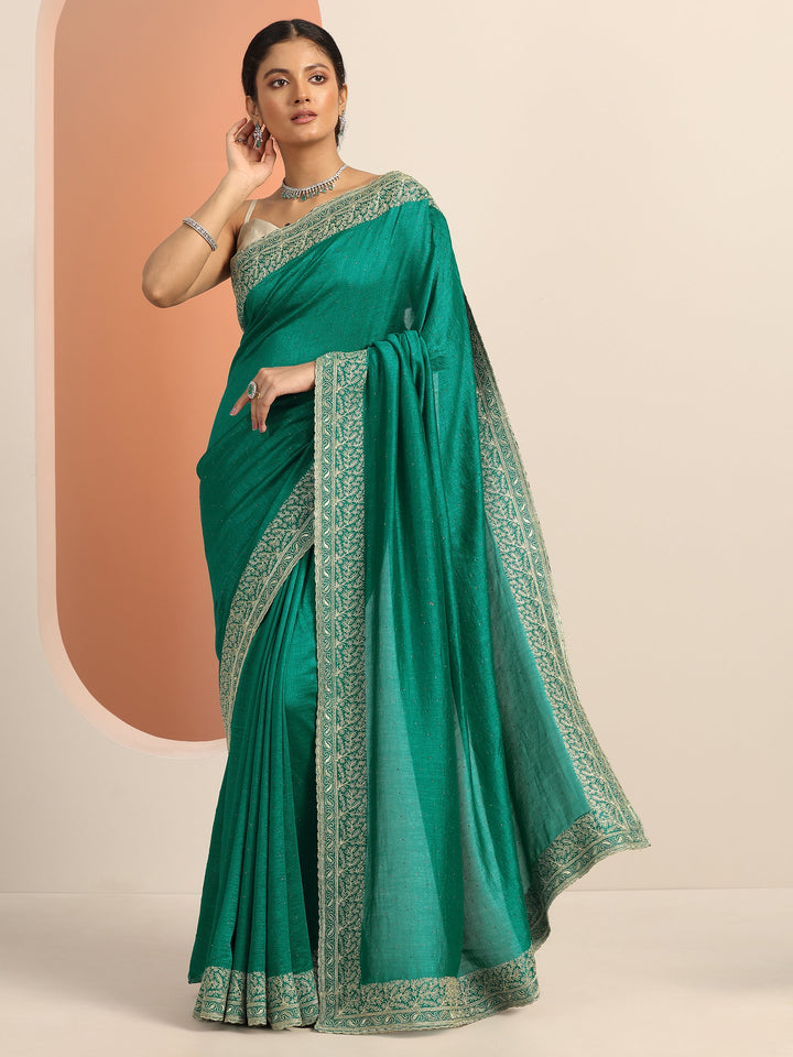 Green Embellished Silk blend Saree With Unstitched Blouse Piece