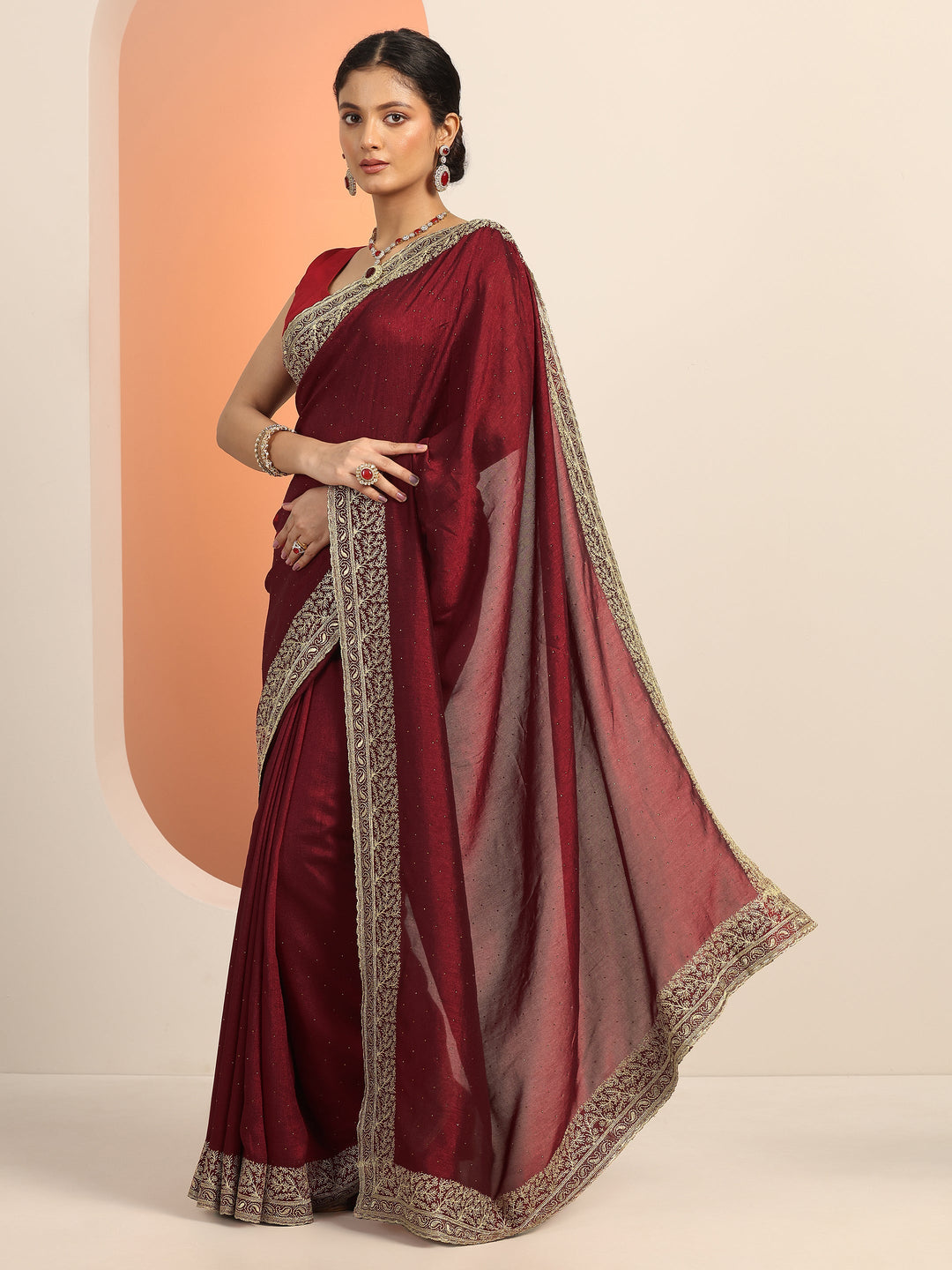 Maroon Embellished Silk blend Saree With Unstitched Blouse Piece