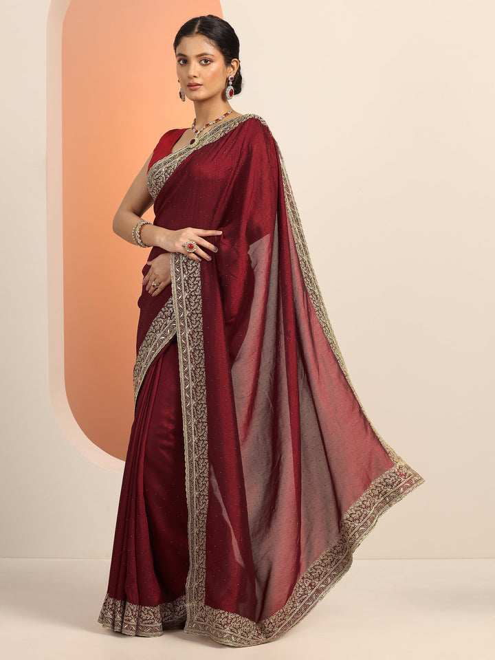 Maroon Embellished Silk blend Saree With Unstitched Blouse Piece