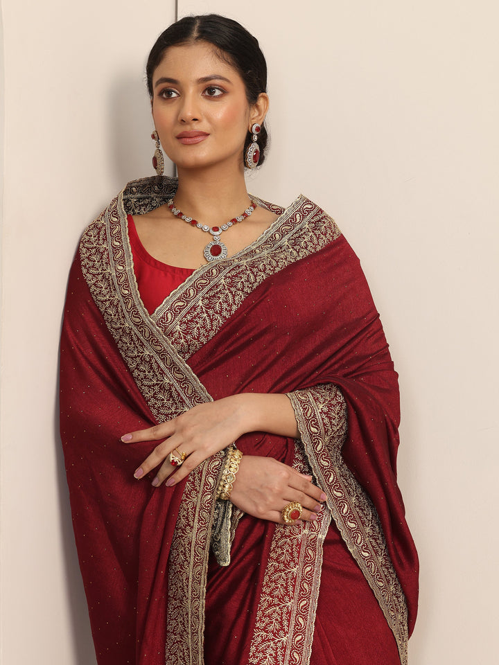 Maroon Embellished Silk blend Saree With Unstitched Blouse Piece