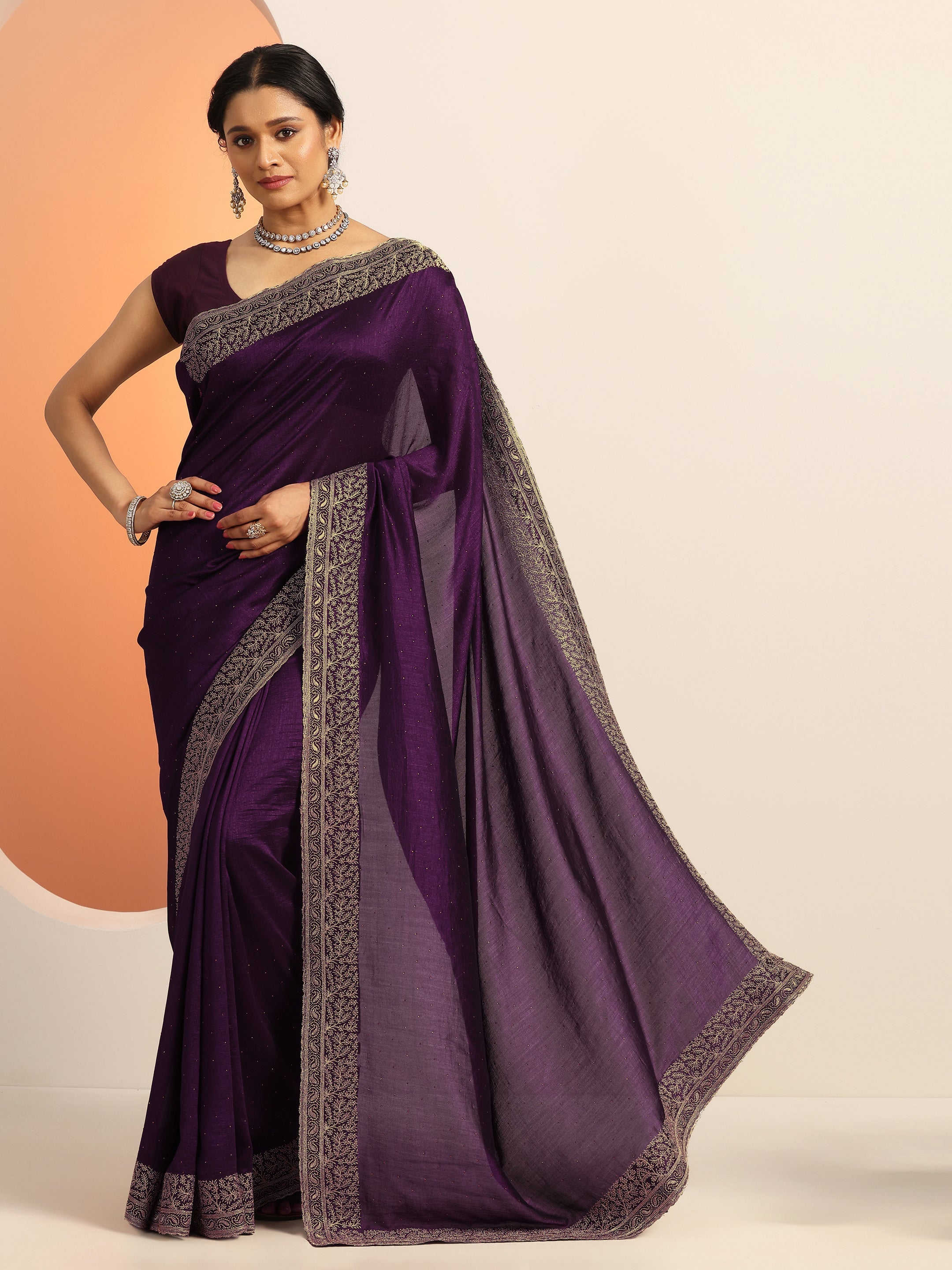 Purple Embellished Silk Blend Saree With Unstitched Blouse Piece main image 1