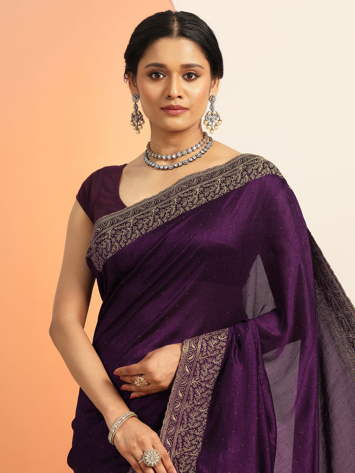 Burgundy Embellished Silk blend Saree With Unstitched Blouse Piece