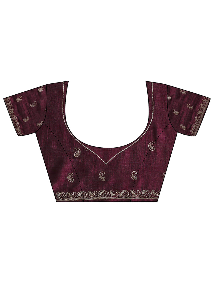Burgundy Embellished Silk blend Saree With Unstitched Blouse Piece
