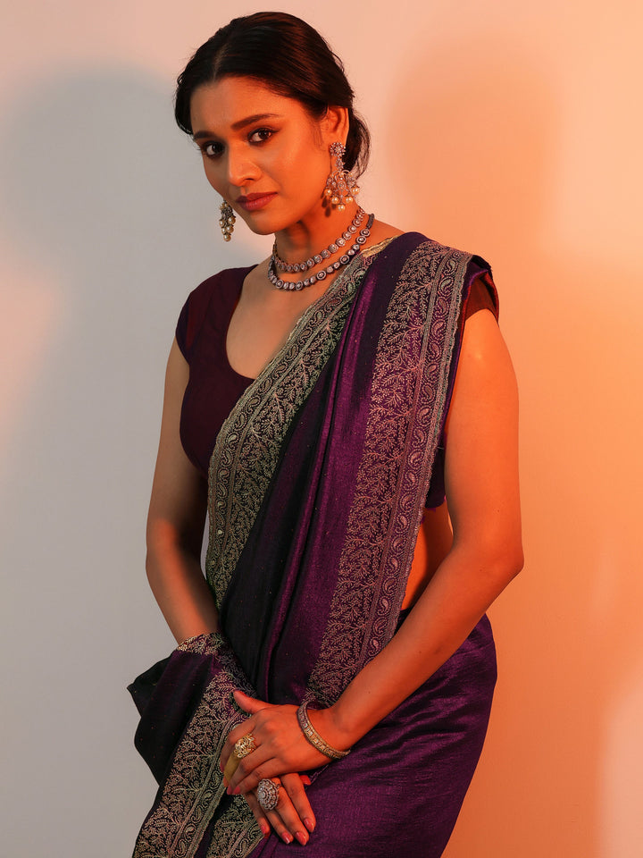 Burgundy Embellished Silk blend Saree With Unstitched Blouse Piece