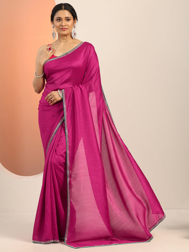 Magenta Solid Silk blend Saree With Unstitched Blouse Piece