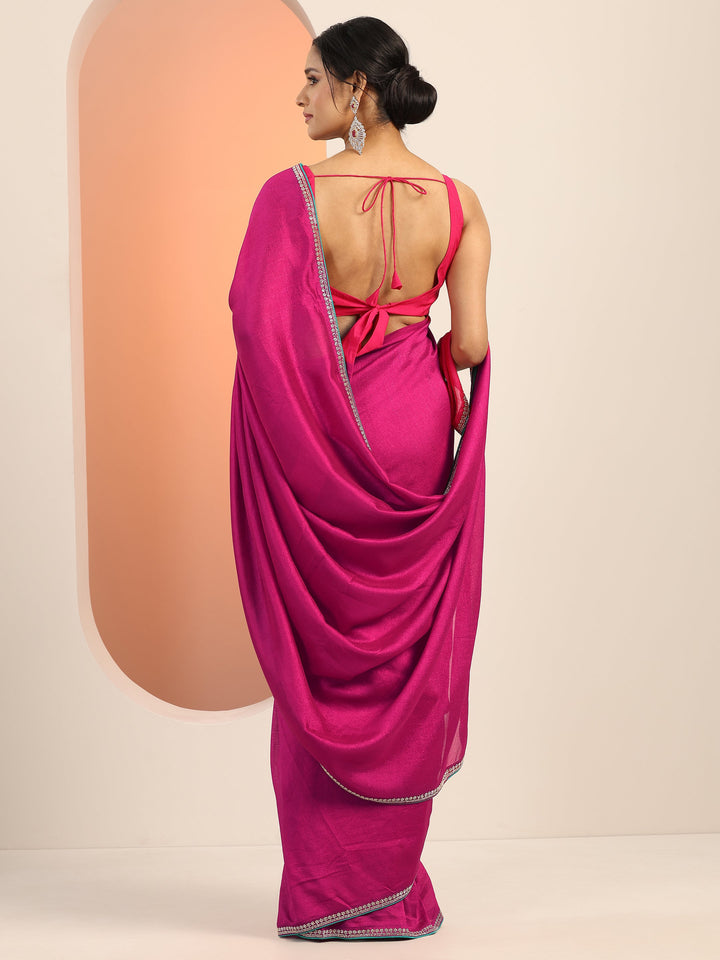 Magenta Solid Silk blend Saree With Unstitched Blouse Piece