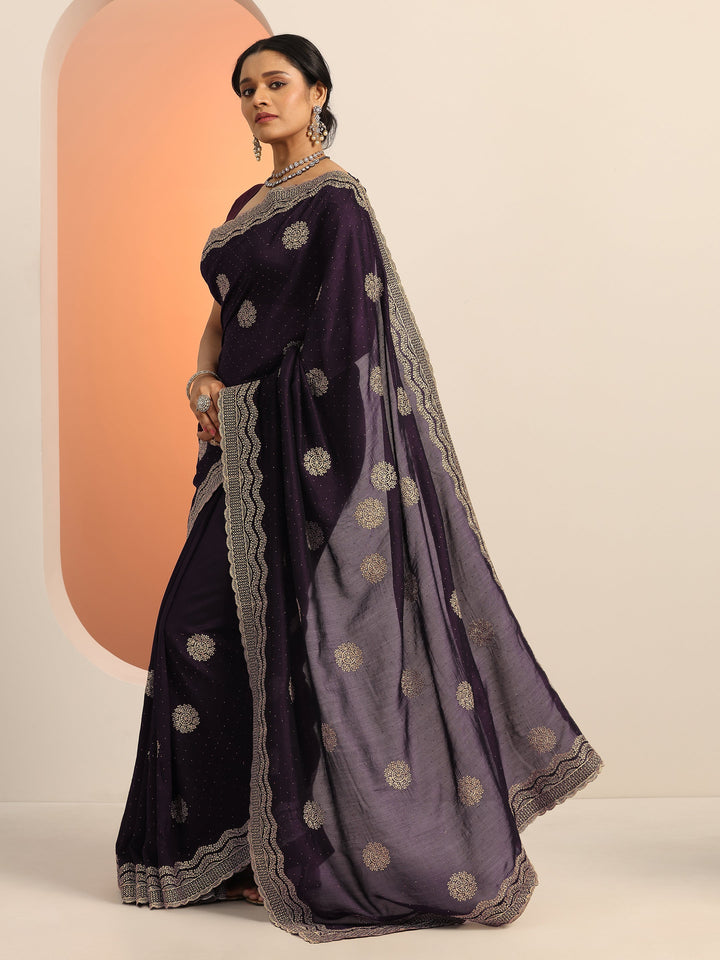 Burgundy Embellished Silk blend Saree With Unstitched Blouse Piece