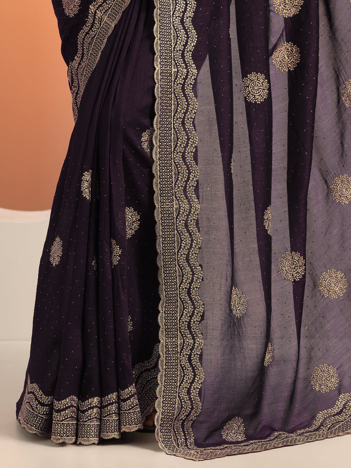 Burgundy Embellished Silk blend Saree With Unstitched Blouse Piece