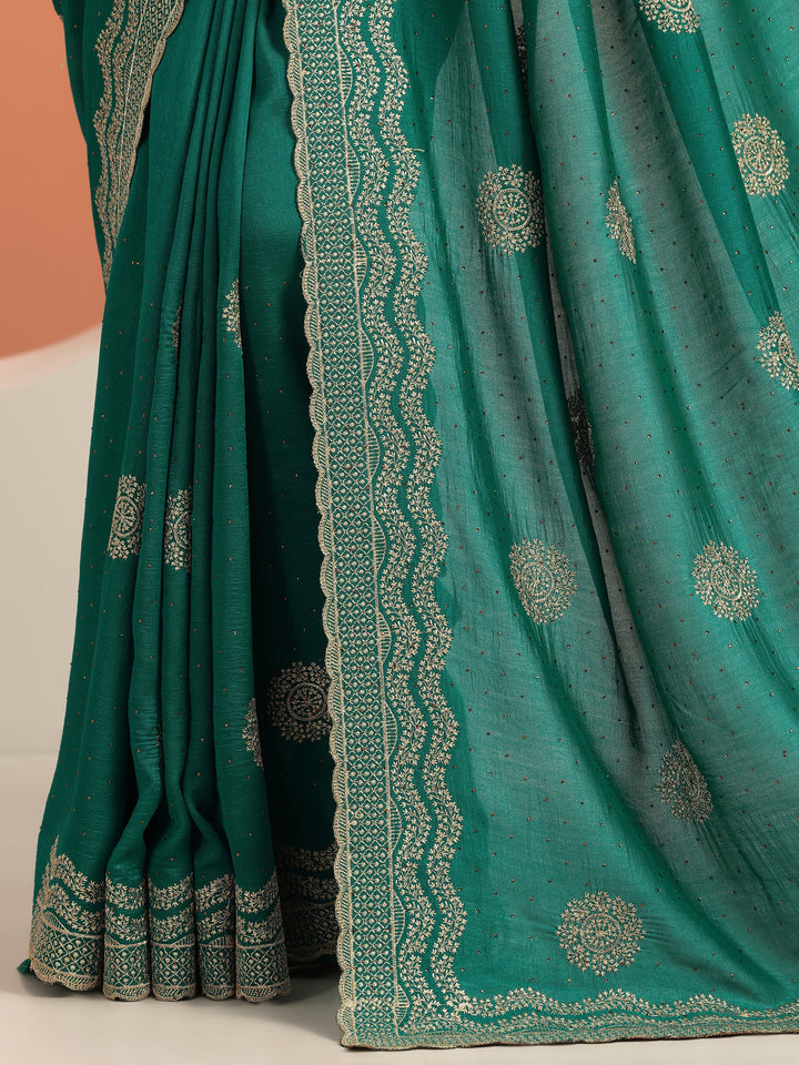 Green Embellished Silk blend Saree With Unstitched Blouse Piece