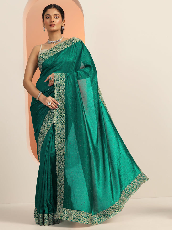 Green Embellished Silk blend Saree With Unstitched Blouse Piece