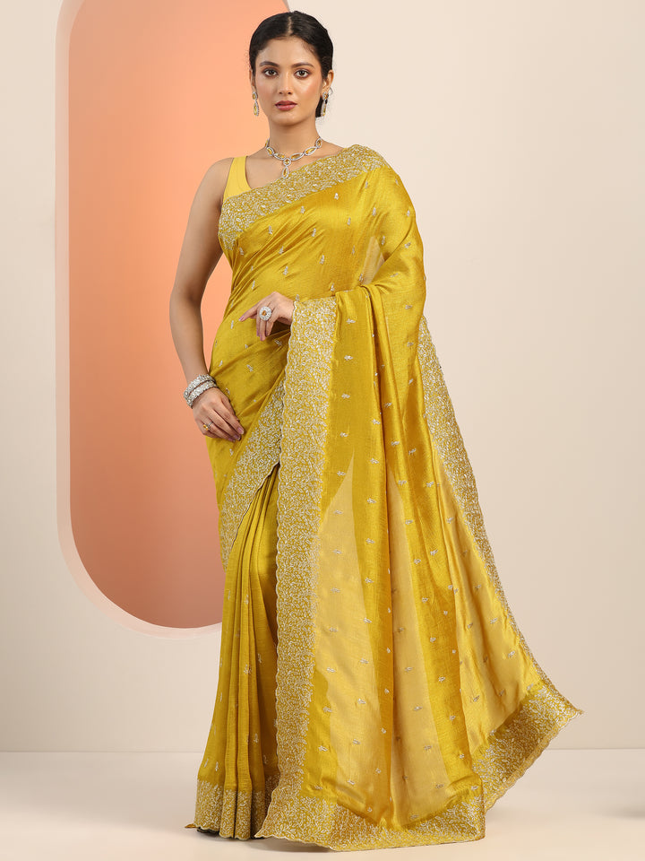 Mustard Embroidered Silk blend Saree With Unstitched Blouse Piece