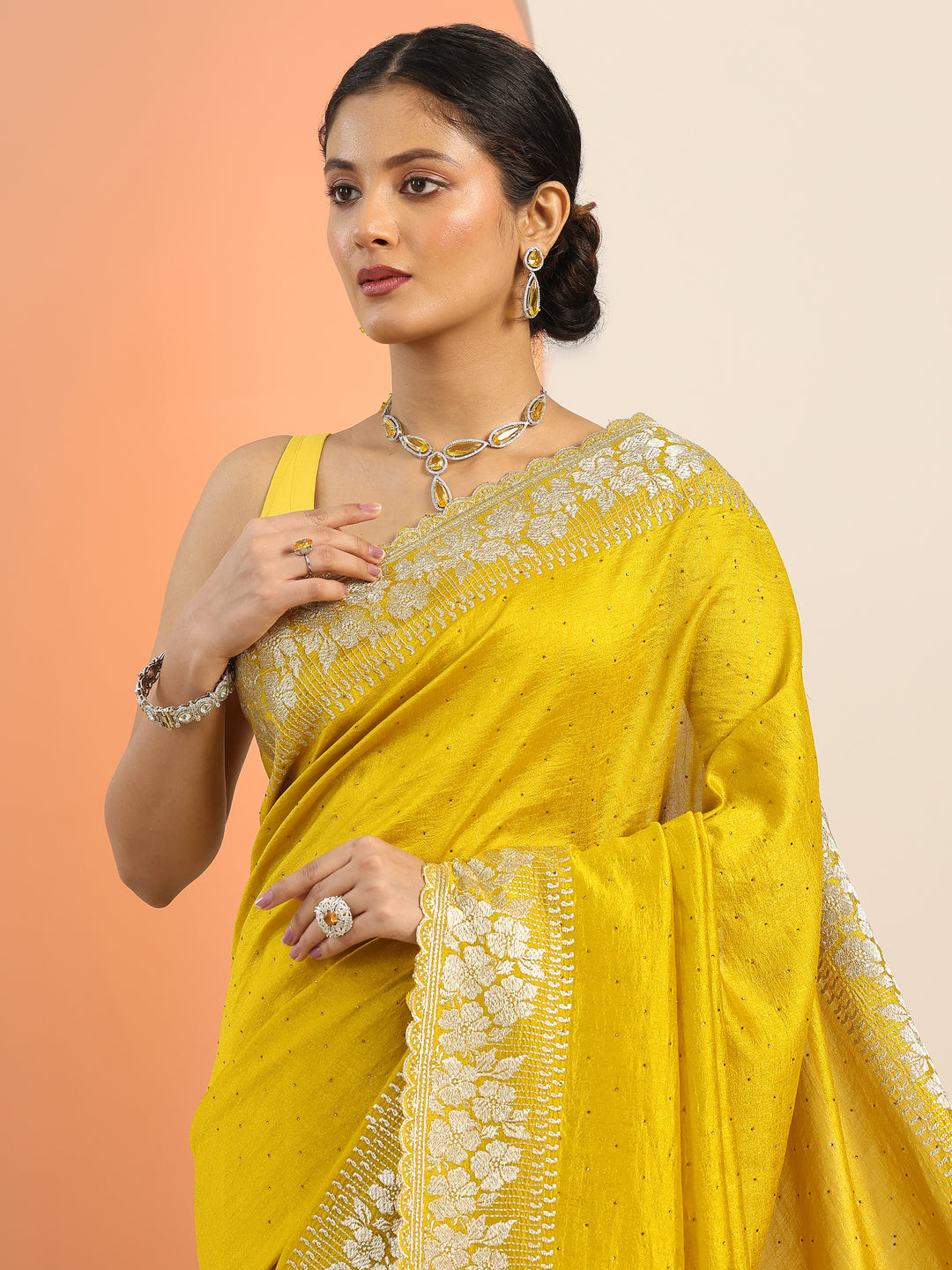 Mustard Embellished Silk Saree With Unstitched Blouse Piece