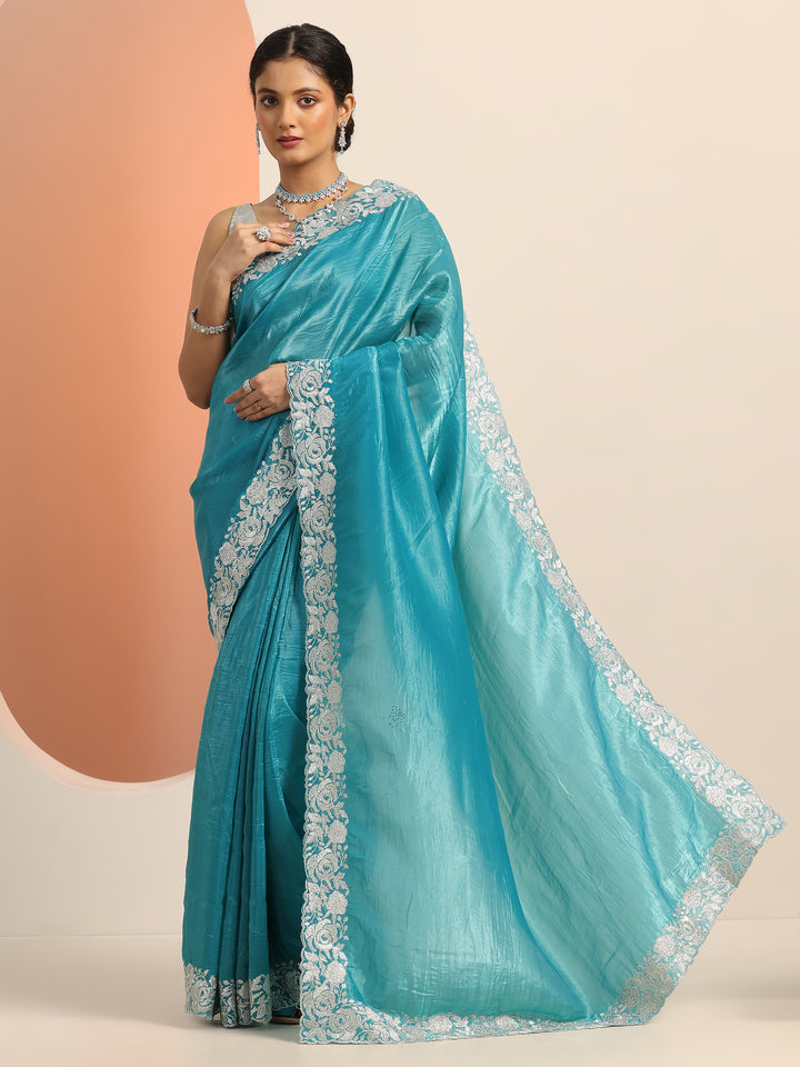 Blue Embroidered Organza Saree With Unstitched Blouse Piece