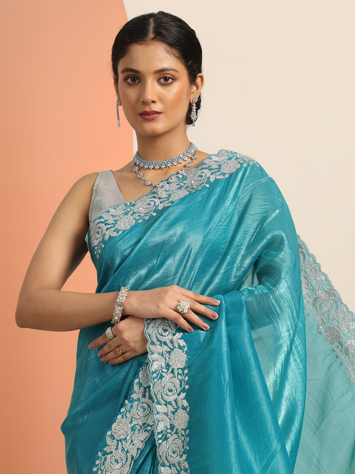 Blue Embroidered Organza Saree With Unstitched Blouse Piece