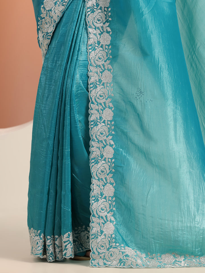 Blue Embroidered Organza Saree With Unstitched Blouse Piece