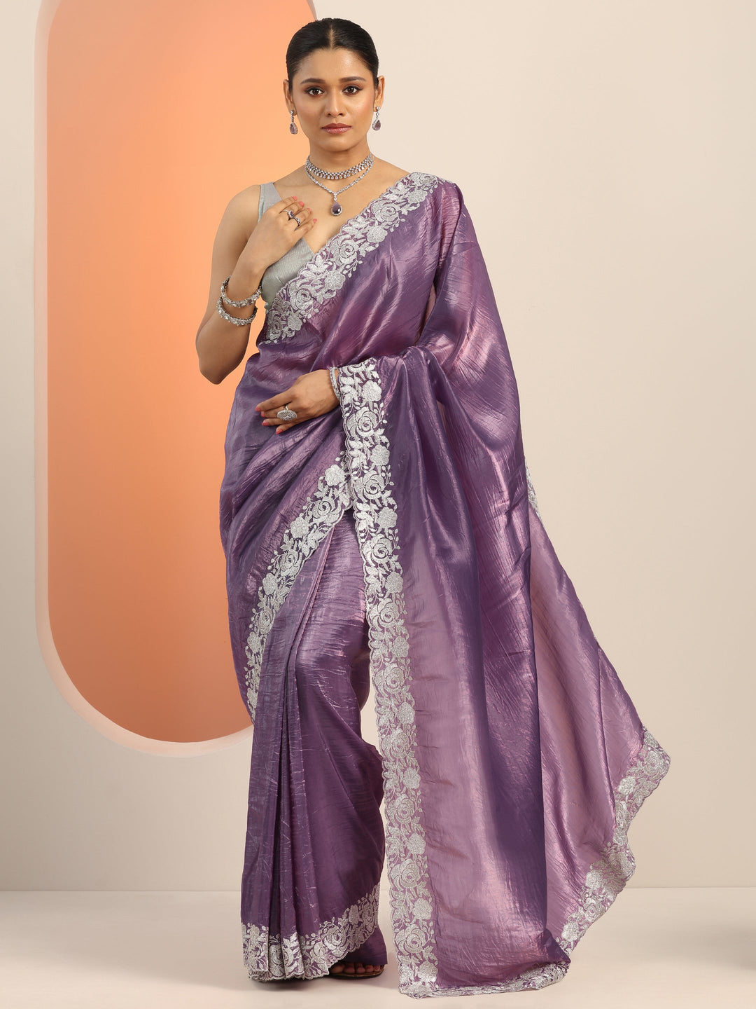 Purple Embroidered Jimmy Choo Organza Saree With Unstitched Blouse Piece