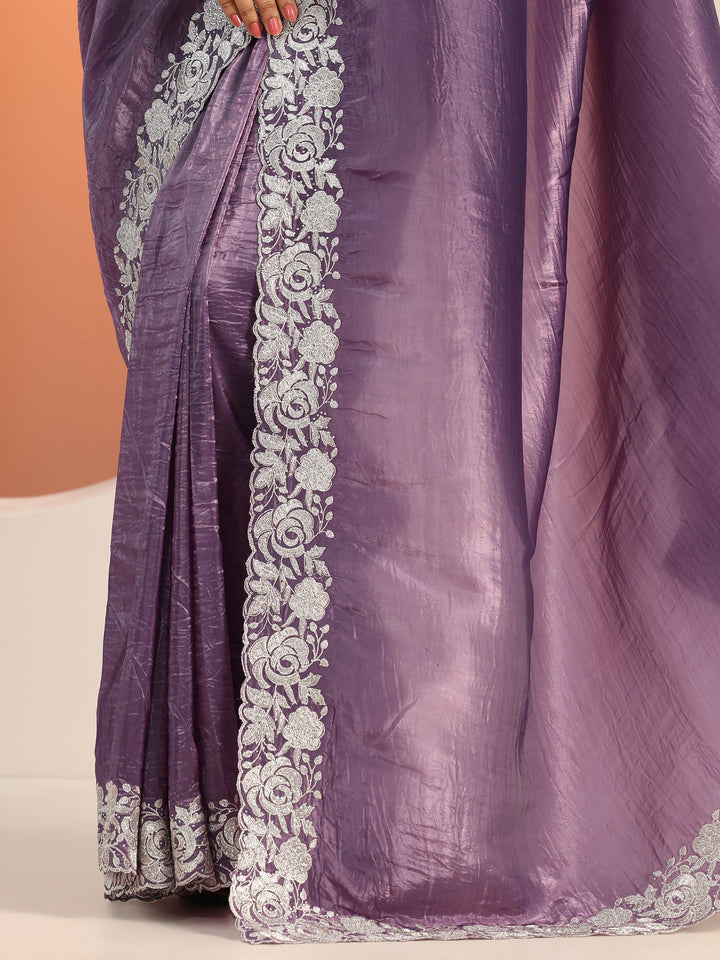 Purple Embroidered Jimmy Choo Organza Saree With Unstitched Blouse Piece