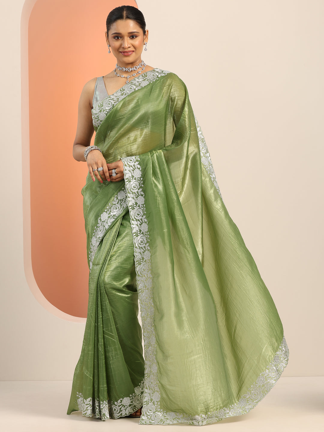 Olive Embroidered Jimmy Choo Organza Saree With Unstitched Blouse Piece