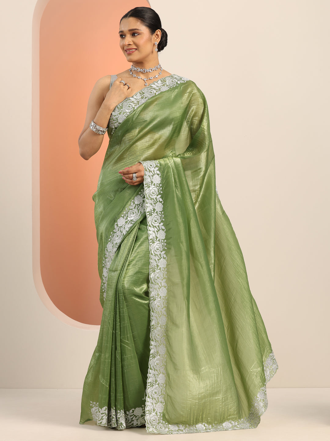 Olive Embroidered Jimmy Choo Organza Saree With Unstitched Blouse Piece