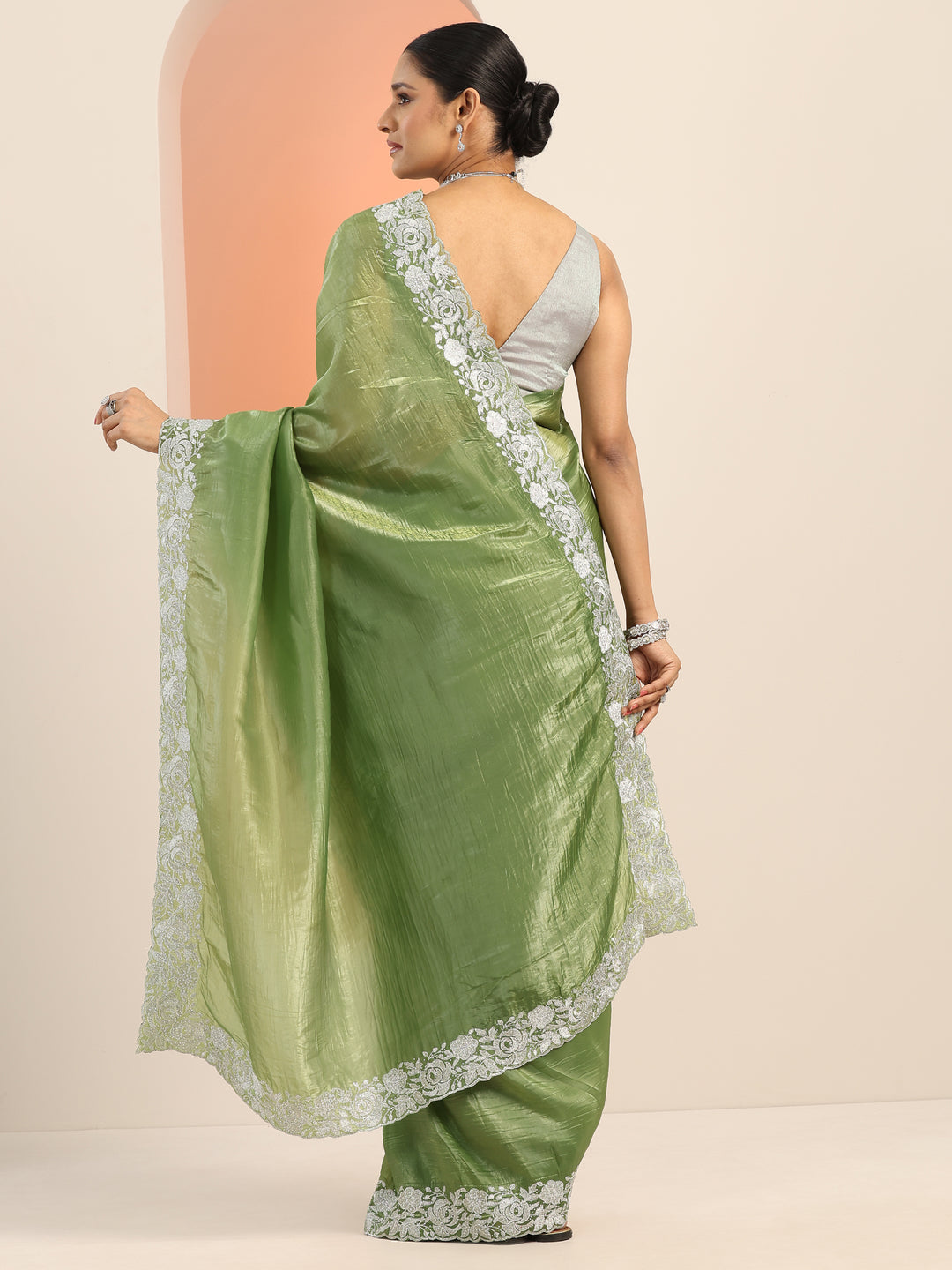 Olive Embroidered Jimmy Choo Organza Saree With Unstitched Blouse Piece