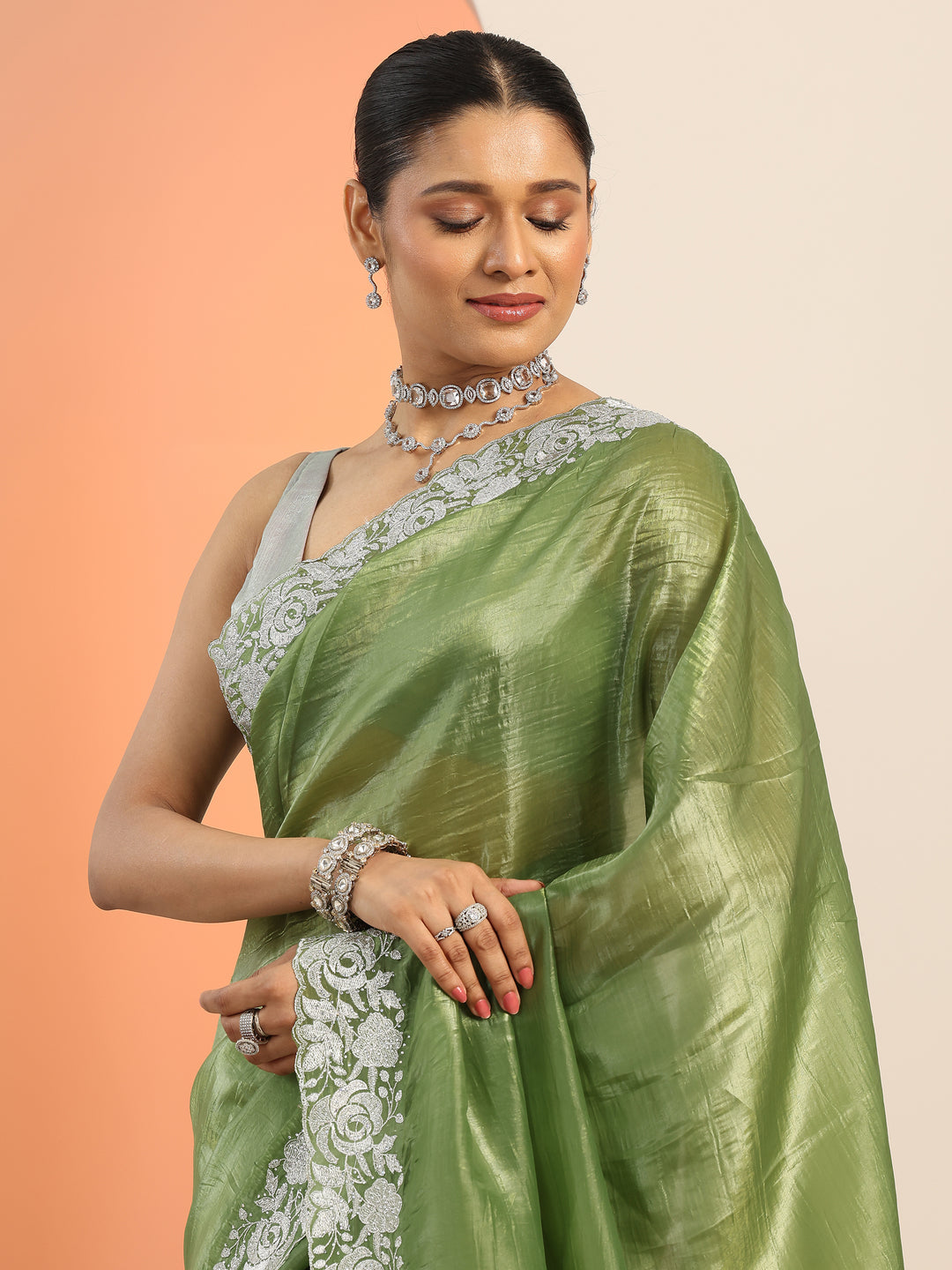 Olive Embroidered Jimmy Choo Organza Saree With Unstitched Blouse Piece