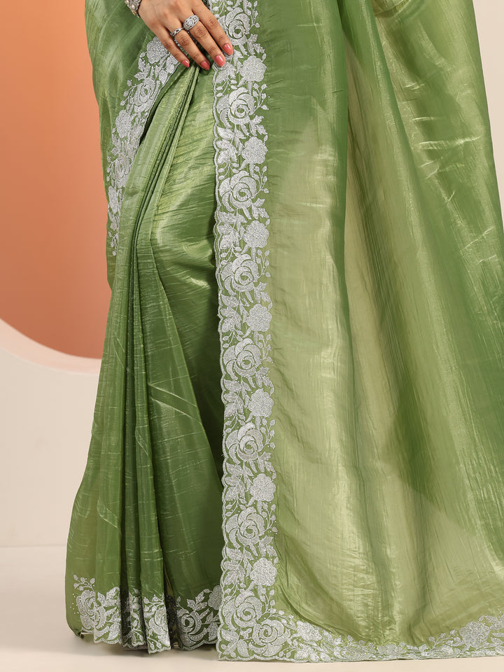 Olive Embroidered Jimmy Choo Organza Saree With Unstitched Blouse Piece