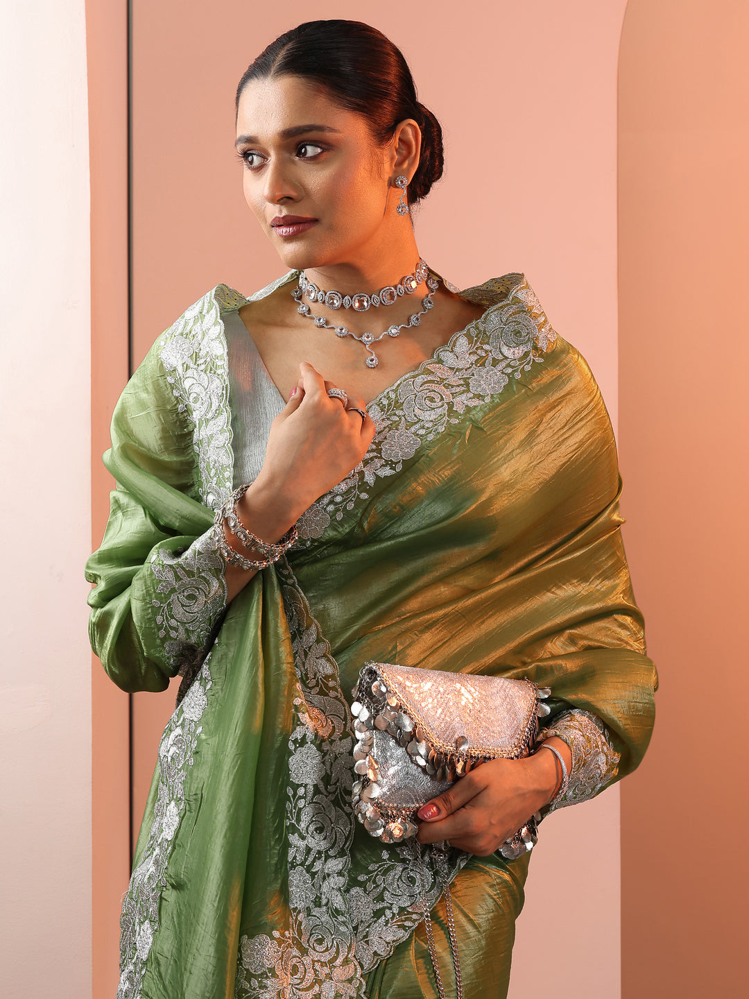 Olive Embroidered Jimmy Choo Organza Saree With Unstitched Blouse Piece