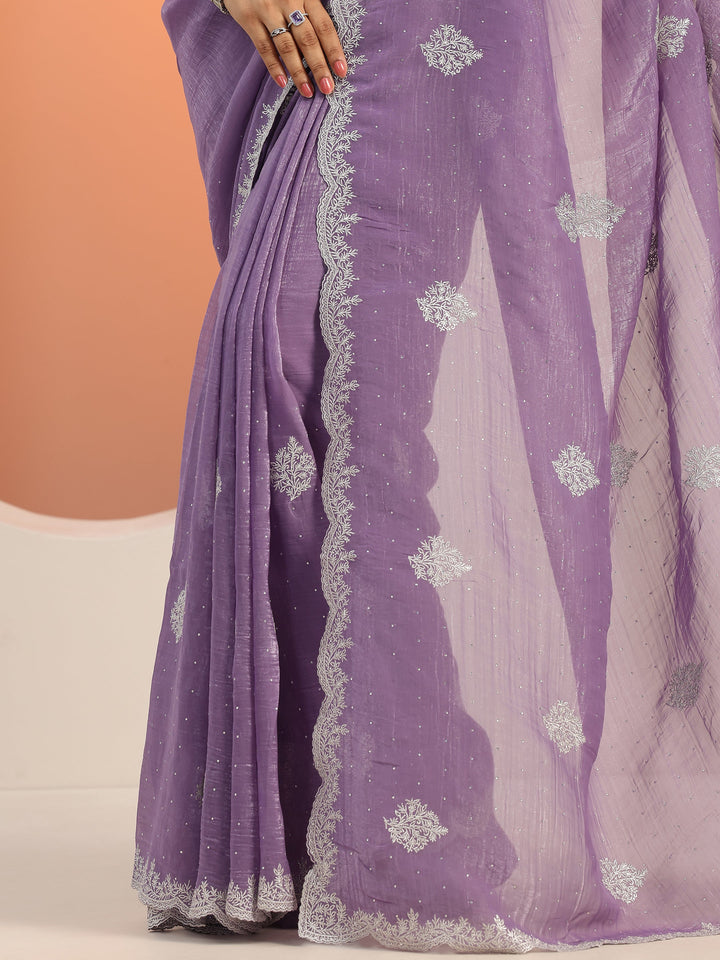 Lavender Embellished Silk blend Saree With Unstitched Blouse Piece