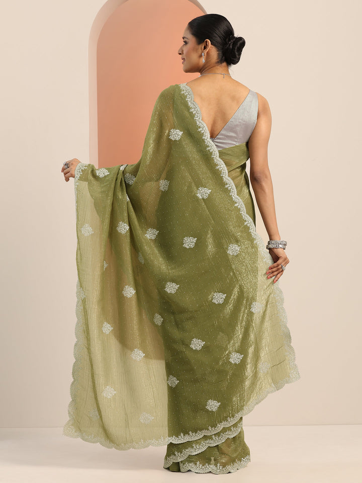 Olive Embellished Silk blend Saree With Unstitched Blouse Piece