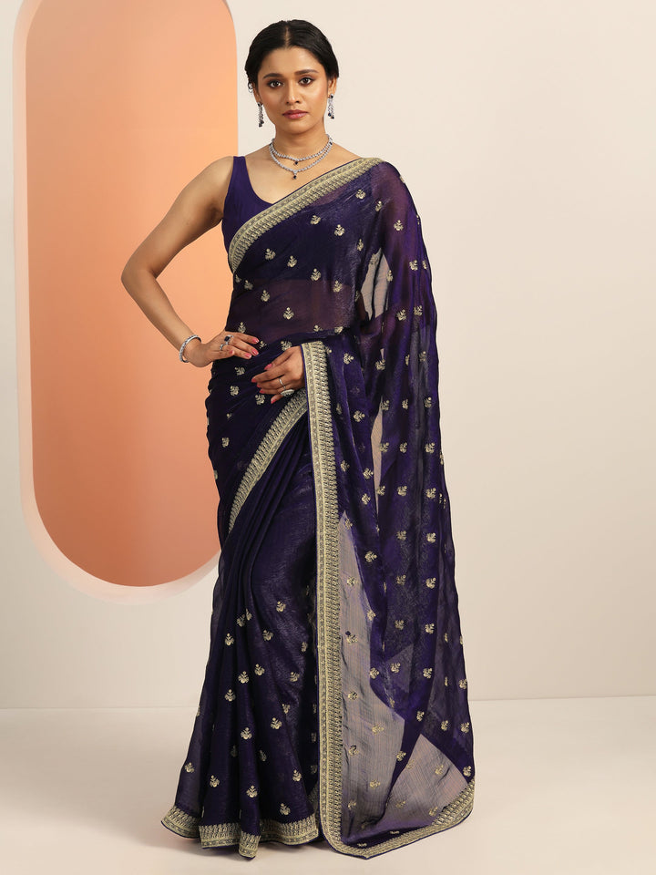 Purple Embroidered Chiffon Saree With Unstitched Blouse Piece